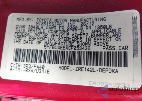 2012 Toyota Corolla L z USA, uszkodzony, nr VIN 5YFBU4EEXCP053436